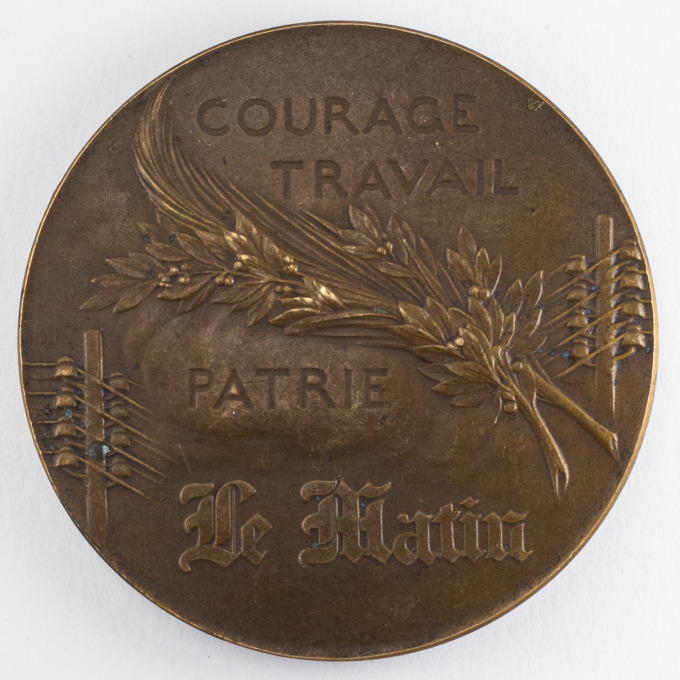 Médaille du journal Le Matin - 1904 - Courage Travail Patrie - par René Riberon - revers