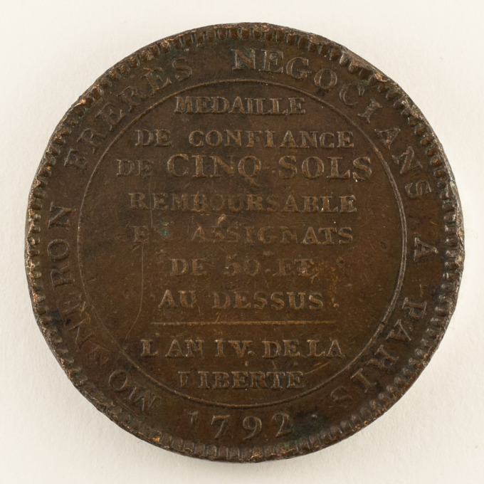 Monneron Cinq-sols - Pacte fédératif - 1792 - par Dupré - revers