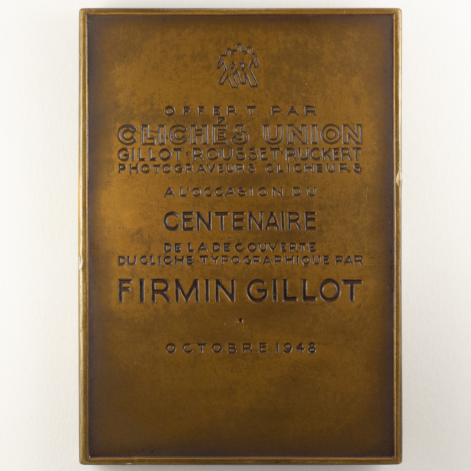 Firmin Gillot plaque medal - inventor of typographic cliché - Jean Vernon - reverse