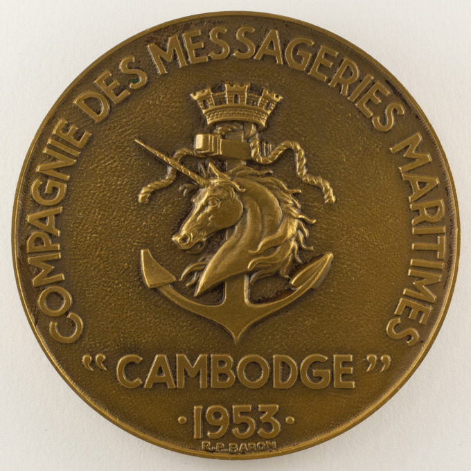 Médaille - Cambodge - Cie des messageries maritimes - 1953 - signée R. B. Baron - revers
